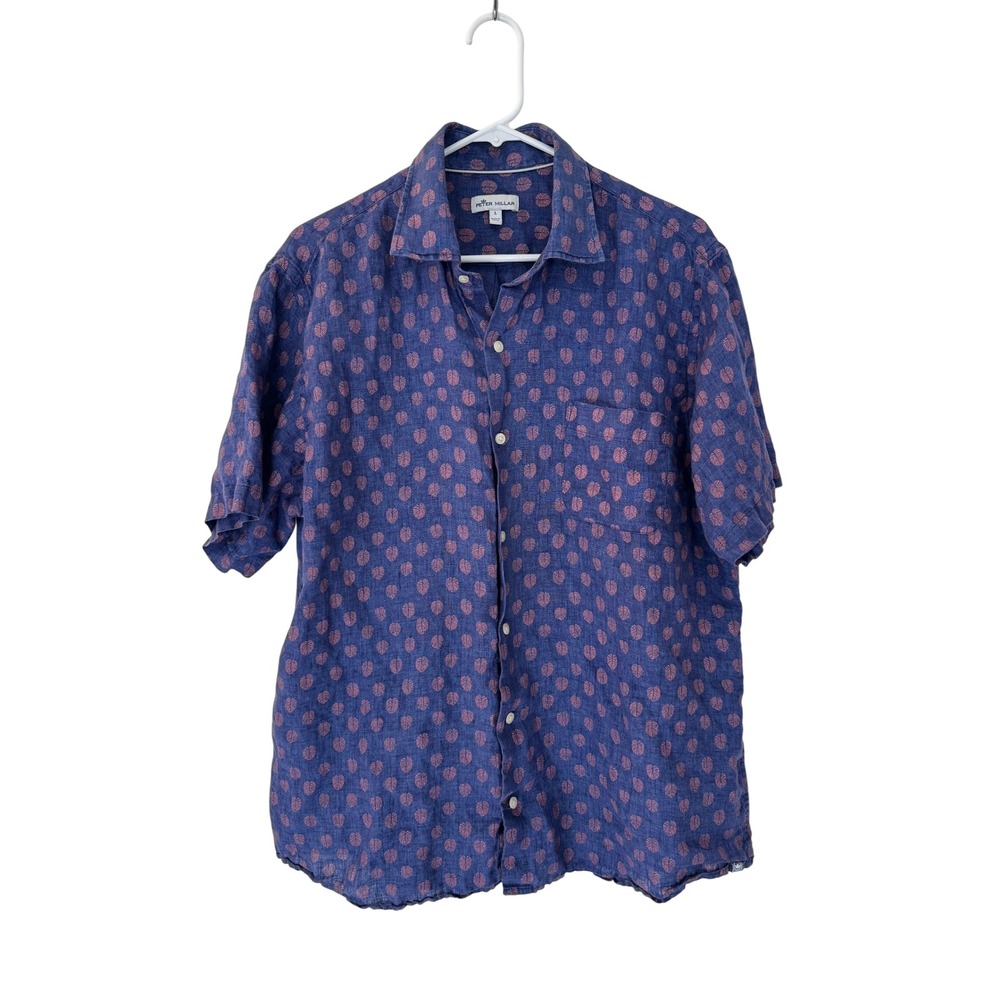 Peter Millar Seaside Linen Best Fronds Fern Shirt Mens Large Blue Short Sleeve